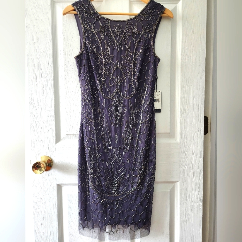 Adrianna Papell Beaded Short Dress, Size 4, Gunmetal, NWT
